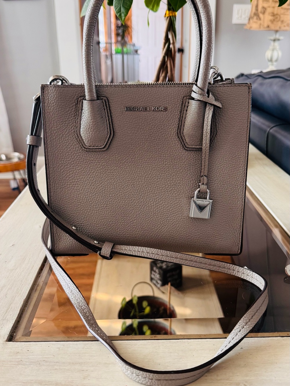 MICHAEL KORS Taupe Pebbled Leather Satchel with Crossbody Strap